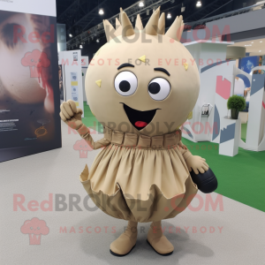 Beige Grenade mascot costume character dressed with a Dress and Hair clips