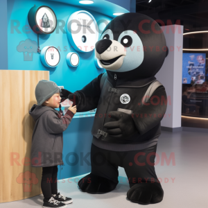 Black Seal mascot costume character dressed with a Jacket and Watches