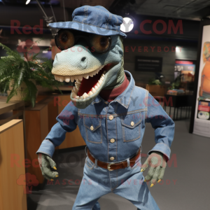 nan Spinosaurus mascot costume character dressed with a Denim Shirt and Eyeglasses