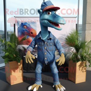 nan Spinosaurus mascot costume character dressed with a Denim Shirt and Eyeglasses