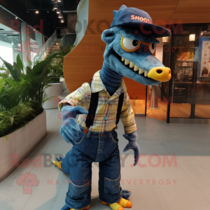 nan Spinosaurus mascot costume character dressed with a Denim Shirt and Eyeglasses