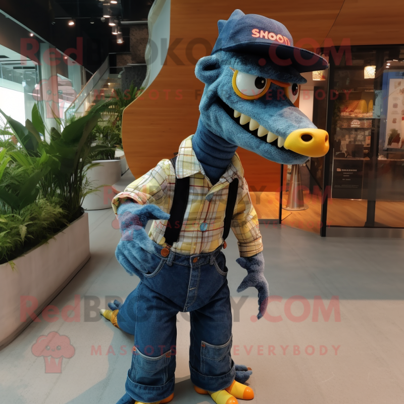 nan Spinosaurus mascot costume character dressed with a Denim Shirt and Eyeglasses nan Spinosaurus mascot costume character dressed with a Denim Shirt and Eyeglasses