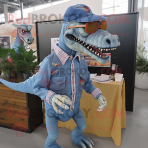 nan Spinosaurus mascot costume character dressed with a Denim Shirt and Eyeglasses