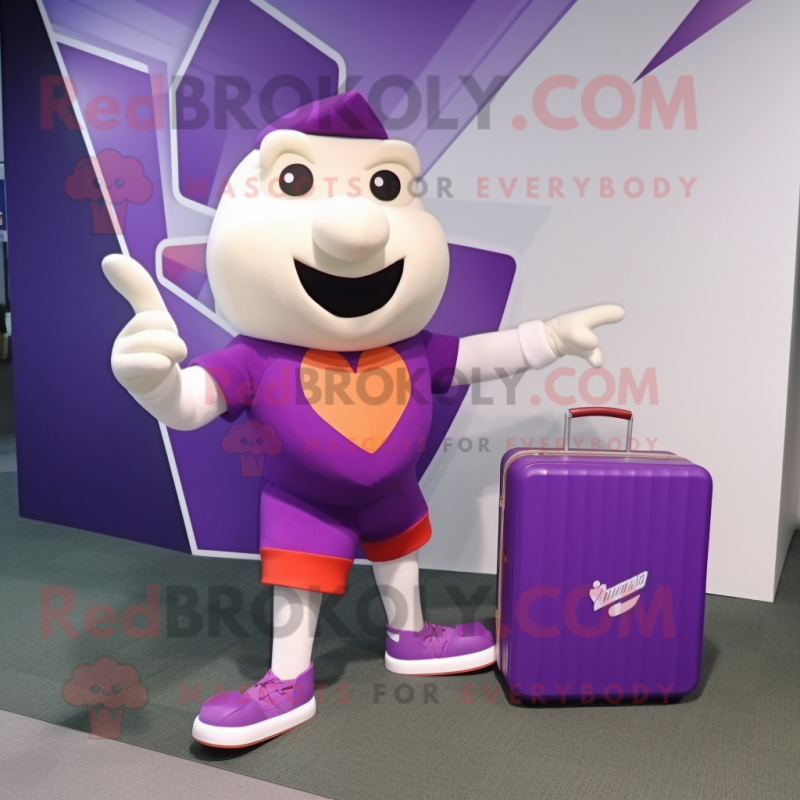 Purple Arrow Of Love mascot costume character dressed with a Running Shorts and Briefcases Purple Arrow Of Love mascot costume character dressed with a Running Shorts and Briefcases