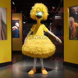 Yellow Ostrich mascot costume character dressed with a Skirt and Earrings