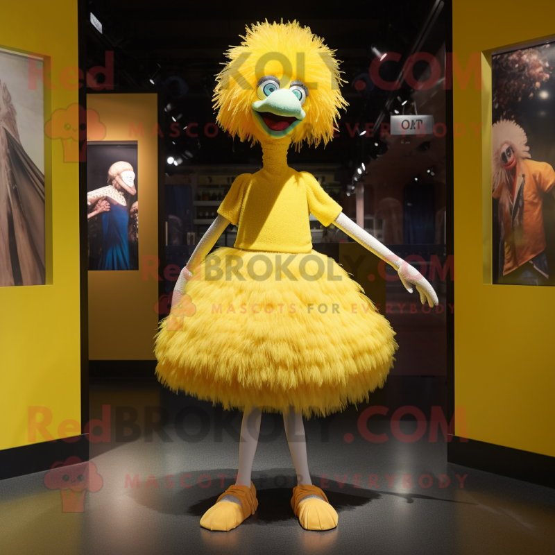 Yellow Ostrich mascot costume character dressed with a Skirt and Earrings Yellow Ostrich mascot costume character dressed with a Skirt and Earrings