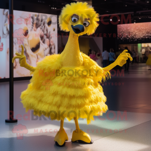 Yellow Ostrich mascot costume character dressed with a Skirt and Earrings