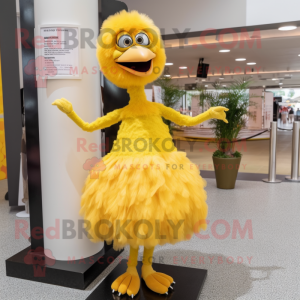 Yellow Ostrich mascot costume character dressed with a Skirt and Earrings