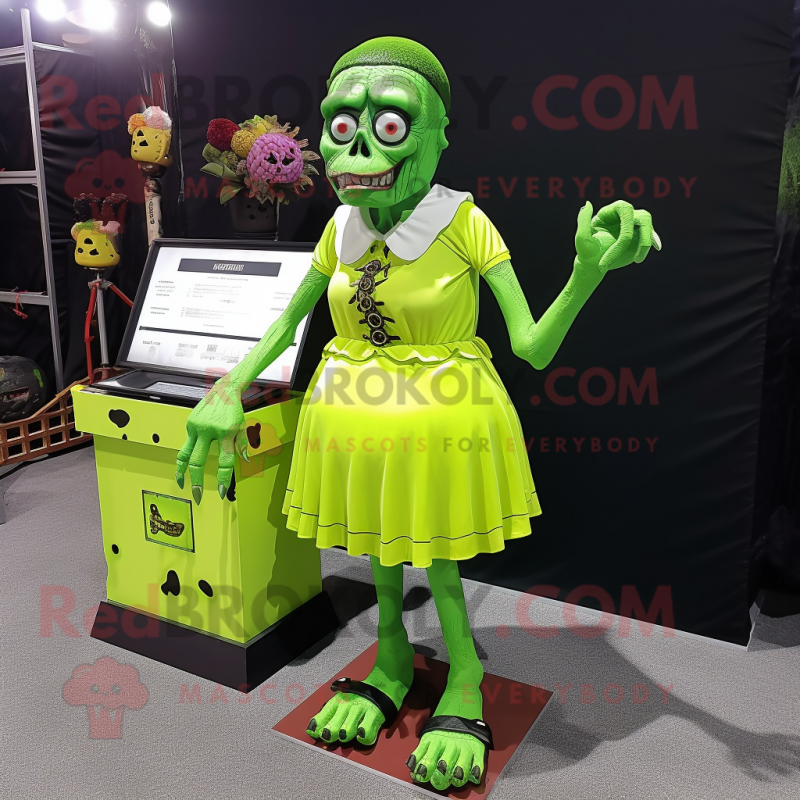 Lime Green Graveyard mascot costume character dressed with a Mini Skirt and Foot pads