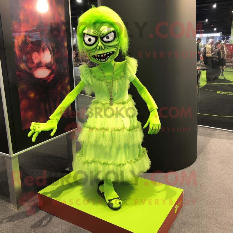 Lime Green Graveyard mascot costume character dressed with a Mini Skirt and Foot pads