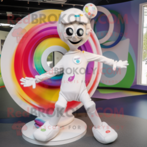 White Plate Spinner mascot costume character dressed with a Playsuit and Rings