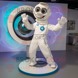 White Plate Spinner mascot costume character dressed with a Playsuit and Rings