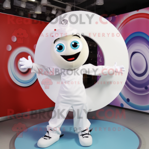 White Plate Spinner mascot costume character dressed with a Playsuit and Rings