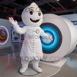 White Plate Spinner mascot costume character dressed with a Playsuit and Rings