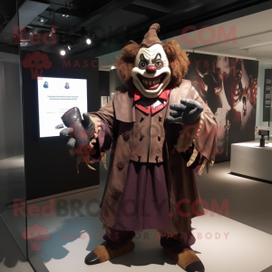 Brown Evil Clown mascot costume character dressed with a Jacket and Handbags