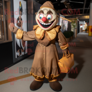 Brown Evil Clown mascot costume character dressed with a Jacket and Handbags