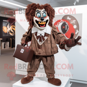 Brown Evil Clown mascot costume character dressed with a Jacket and Handbags
