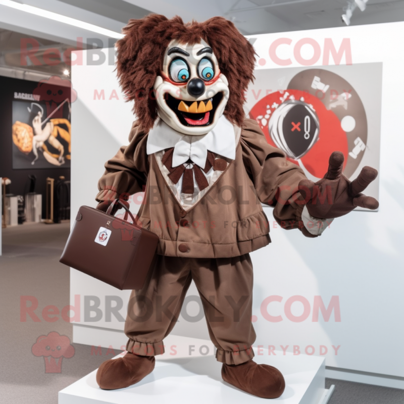 Brown Evil Clown mascot costume character dressed with a Jacket and Handbags Brown Evil Clown mascot costume character dressed with a Jacket and Handbags
