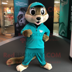 Teal Meerkat mascot costume character dressed with a Joggers and Lapel pins