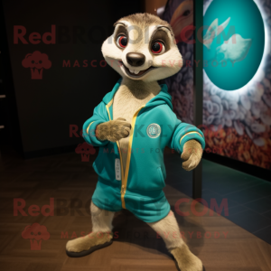 Teal Meerkat mascot costume character dressed with a Joggers and Lapel pins