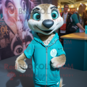 Teal Meerkat mascot costume character dressed with a Joggers and Lapel pins