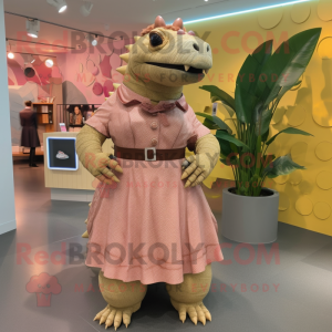 Tan Ankylosaurus mascot costume character dressed with a Midi Dress and Belts