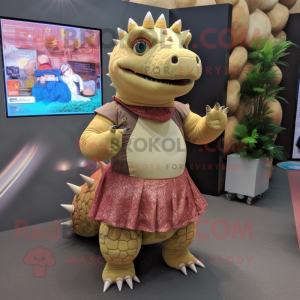 Tan Ankylosaurus mascot costume character dressed with a Midi Dress and Belts