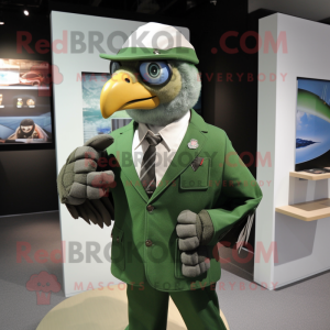 Forest Green Falcon mascot costume character dressed with a Suit Jacket and Berets