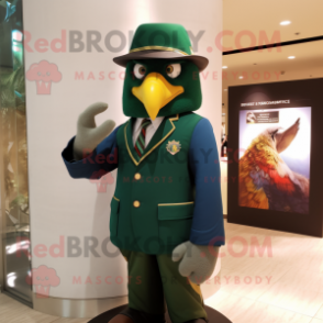 Forest Green Falcon mascot costume character dressed with a Suit Jacket and Berets