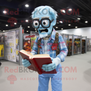 Sky Blue Zombie mascot costume character dressed with a Flannel Shirt and Reading glasses