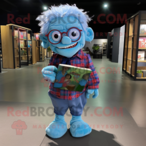 Sky Blue Zombie mascot costume character dressed with a Flannel Shirt and Reading glasses