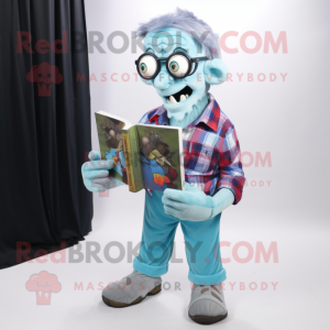 Sky Blue Zombie mascot costume character dressed with a Flannel Shirt and Reading glasses