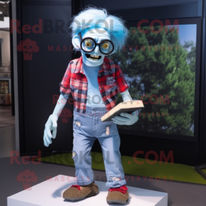 Sky Blue Zombie mascot costume character dressed with a Flannel Shirt and Reading glasses