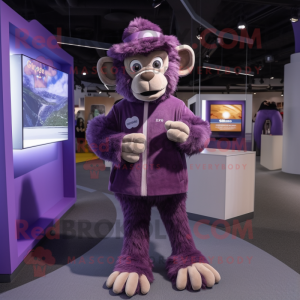 Purple Baboon mascot costume character dressed with a Mini Dress and Caps