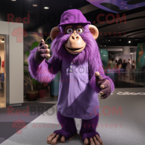 Purple Baboon mascot costume character dressed with a Mini Dress and Caps