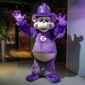 Purple Baboon mascot costume character dressed with a Mini Dress and Caps