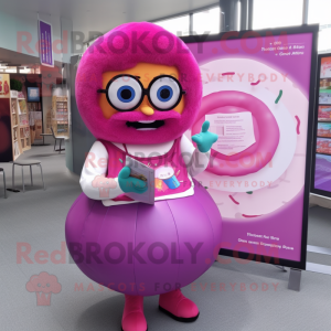 Magenta Donut mascot costume character dressed with a Ball Gown and Reading glasses