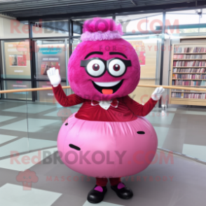 Magenta Donut mascot costume character dressed with a Ball Gown and Reading glasses