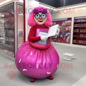 Magenta Donut mascot costume character dressed with a Ball Gown and Reading glasses