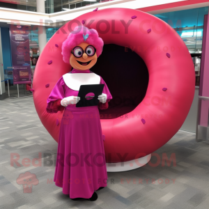 Magenta Donut mascot costume character dressed with a Ball Gown and Reading glasses