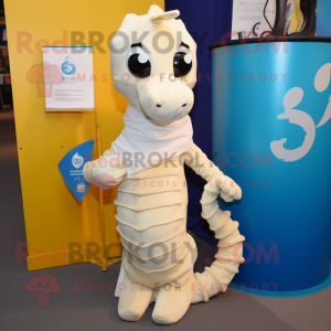 Cream Seahorse mascot costume character dressed with a Jeans and Scarf clips