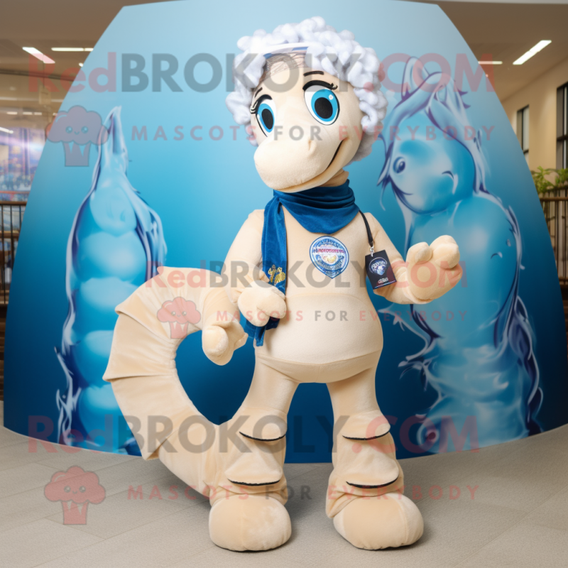 Cream Seahorse mascot costume character dressed with a Jeans and Scarf clips Cream Seahorse mascot costume character dressed with a Jeans and Scarf clips