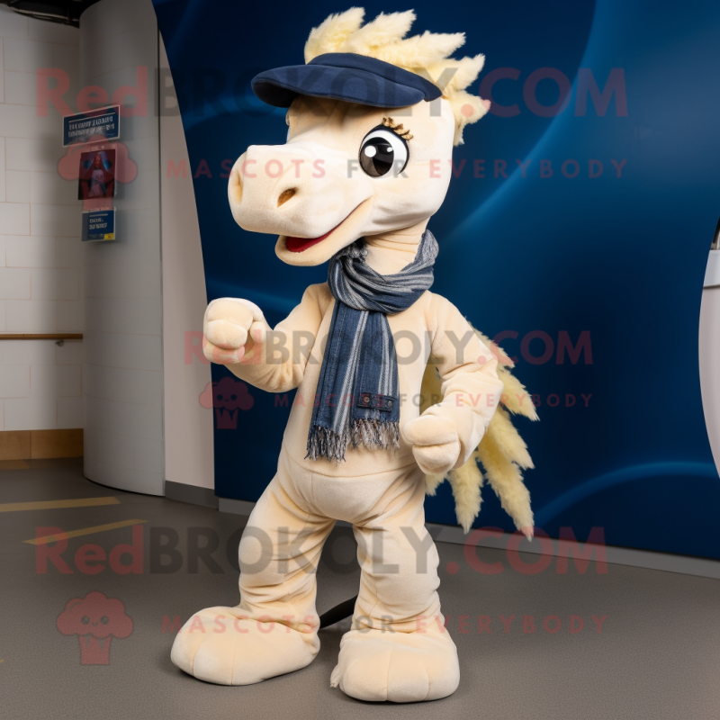 Cream Seahorse mascot costume character dressed with a Jeans and Scarf clips