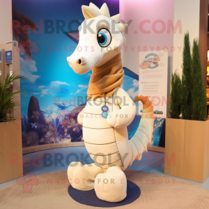 Cream Seahorse mascot costume character dressed with a Jeans and Scarf clips