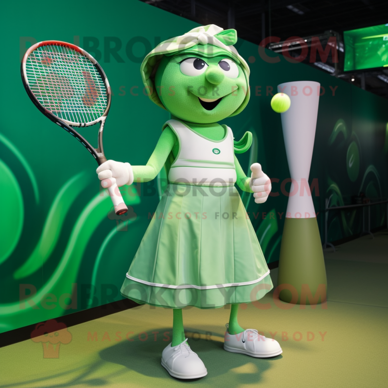 Green Tennis Racket mascot costume character dressed with a Empire Waist Dress and Rings