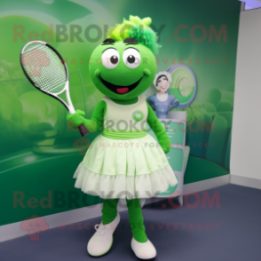 Green Tennis Racket mascot costume character dressed with a Empire Waist Dress and Rings