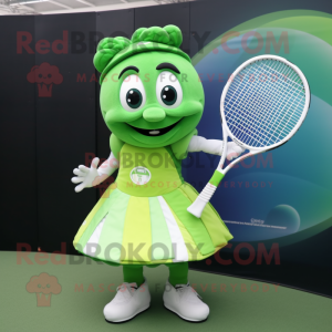 Green Tennis Racket mascot costume character dressed with a Empire Waist Dress and Rings