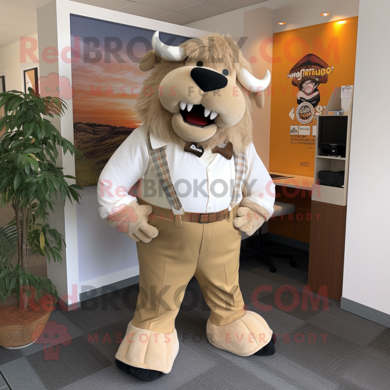 Cream Bison mascot costume character dressed with a Trousers and Tie pins