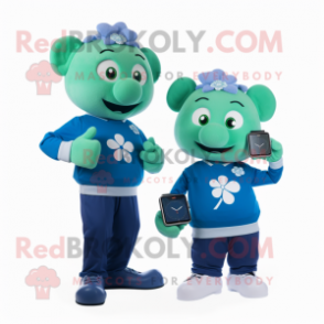 Blue Four Leaf Clover mascot costume character dressed with a Sweater and Smartwatches