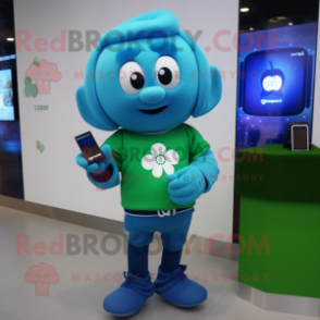 Blue Four Leaf Clover mascot costume character dressed with a Sweater and Smartwatches